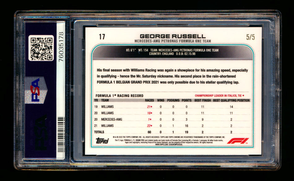 2022 Topps Chrome F1 #17 George Russell Red Wave Refractor Portrait #5/5 PSA 10 (Last #!) ** (SOLD eBay - $595.00 - 8/27/2025) **