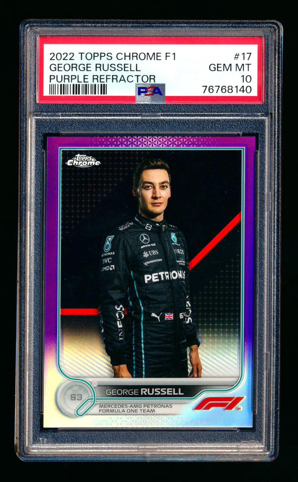 2022 Topps Chrome F1 #17 George Russell Purple Refractor Portrait #015/399 PSA 10
