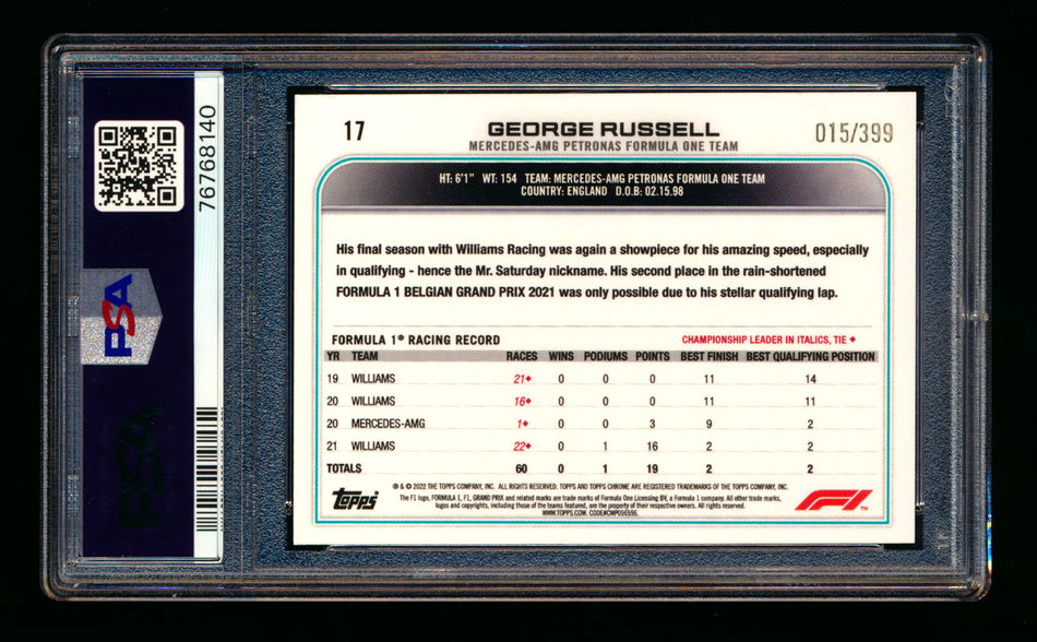 2022 Topps Chrome F1 #17 George Russell Purple Refractor Portrait #015/399 PSA 10