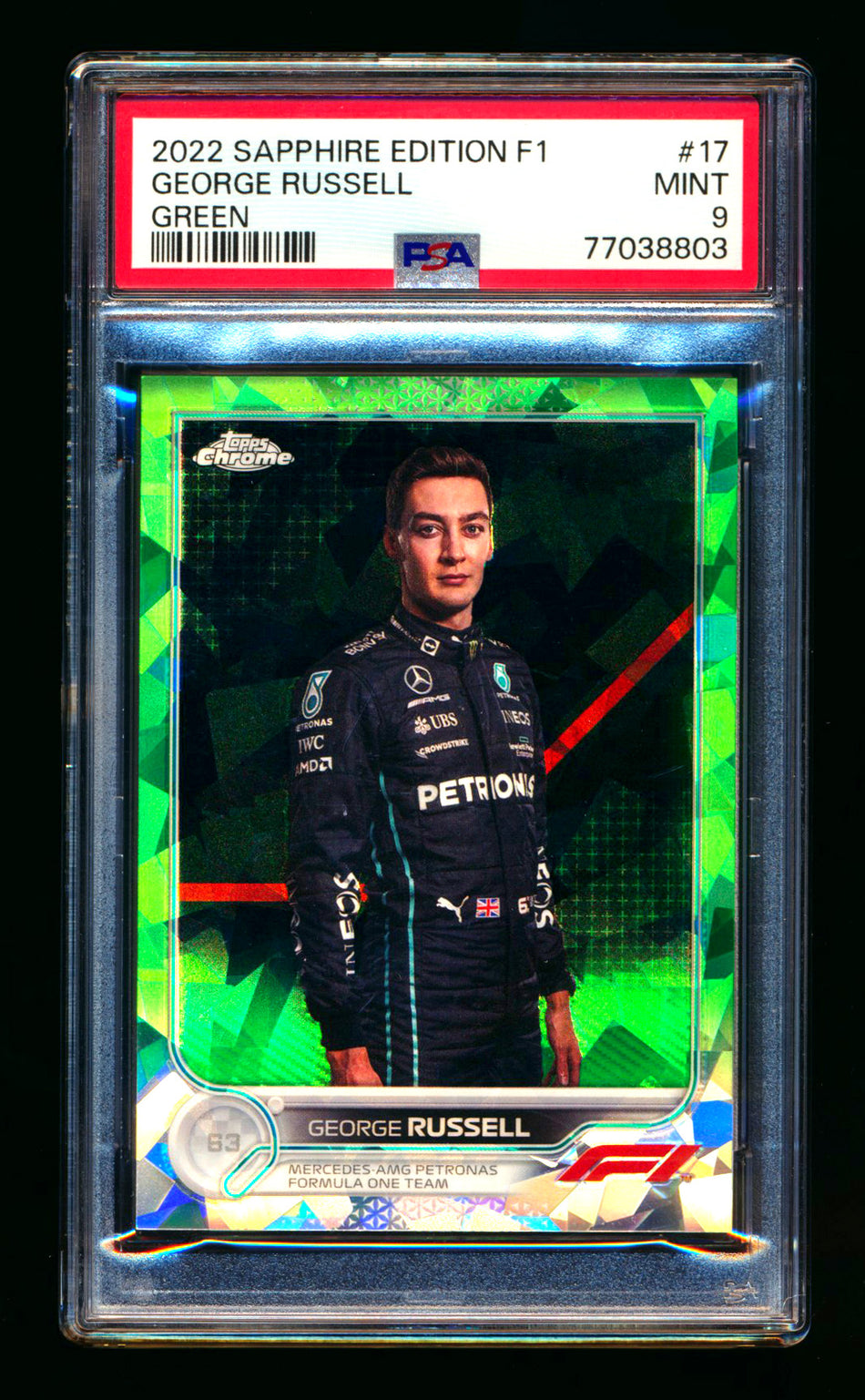 2022 Topps Chrome Sapphire F1 #17 George Russell Green Refractor Portrait #13/75 PSA 9 ** (SOLD - $29.00 - 8/15/2025) **