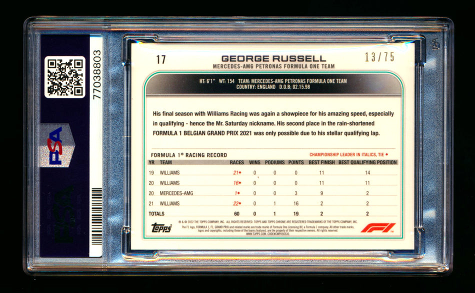 2022 Topps Chrome Sapphire F1 #17 George Russell Green Refractor Portrait #13/75 PSA 9 ** (SOLD - $29.00 - 8/15/2025) **