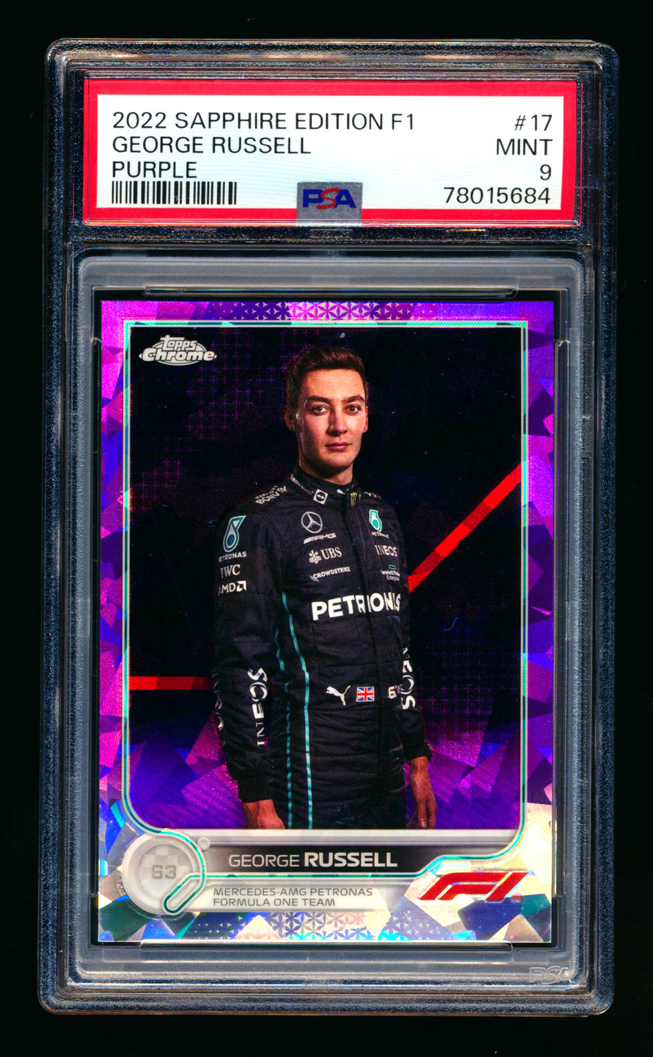 2022 Topps Chrome Sapphire F1 #17 George Russell Purple Refractor Portrait #04/10 PSA 9 ** (SOLD eBay - $229.00 - 9/7/2025) **