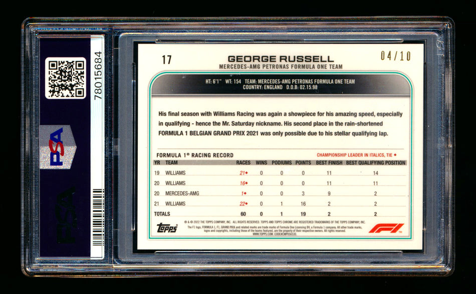 2022 Topps Chrome Sapphire F1 #17 George Russell Purple Refractor Portrait #04/10 PSA 9 ** (SOLD eBay - $229.00 - 9/7/2025) **