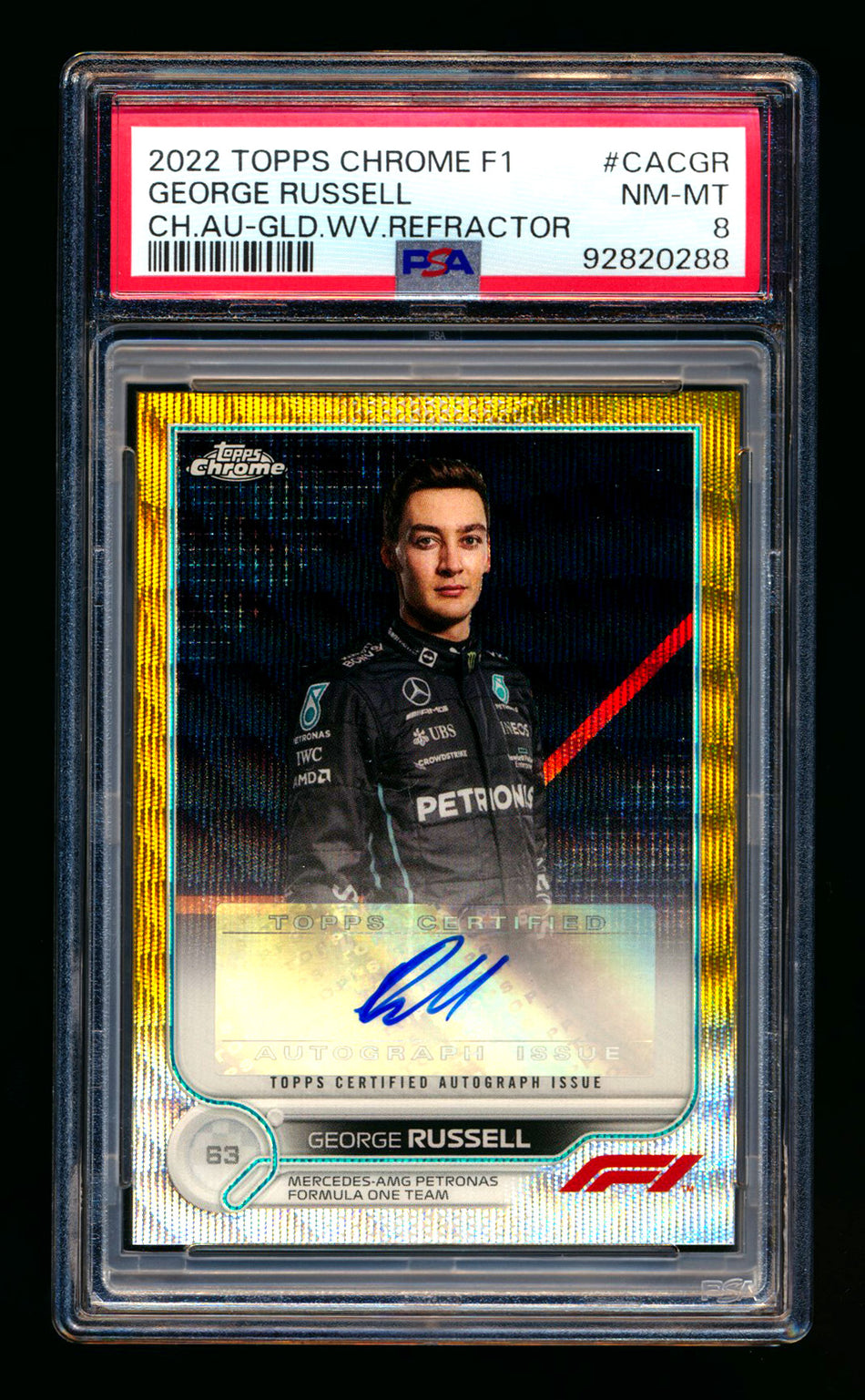 2022 Topps Chrome F1 #CAC-GR George Russell Gold Wave Refractor Autograph #21/50 PSA 8 ** (SOLD eBay - $250.00 - 2/3/2025) **