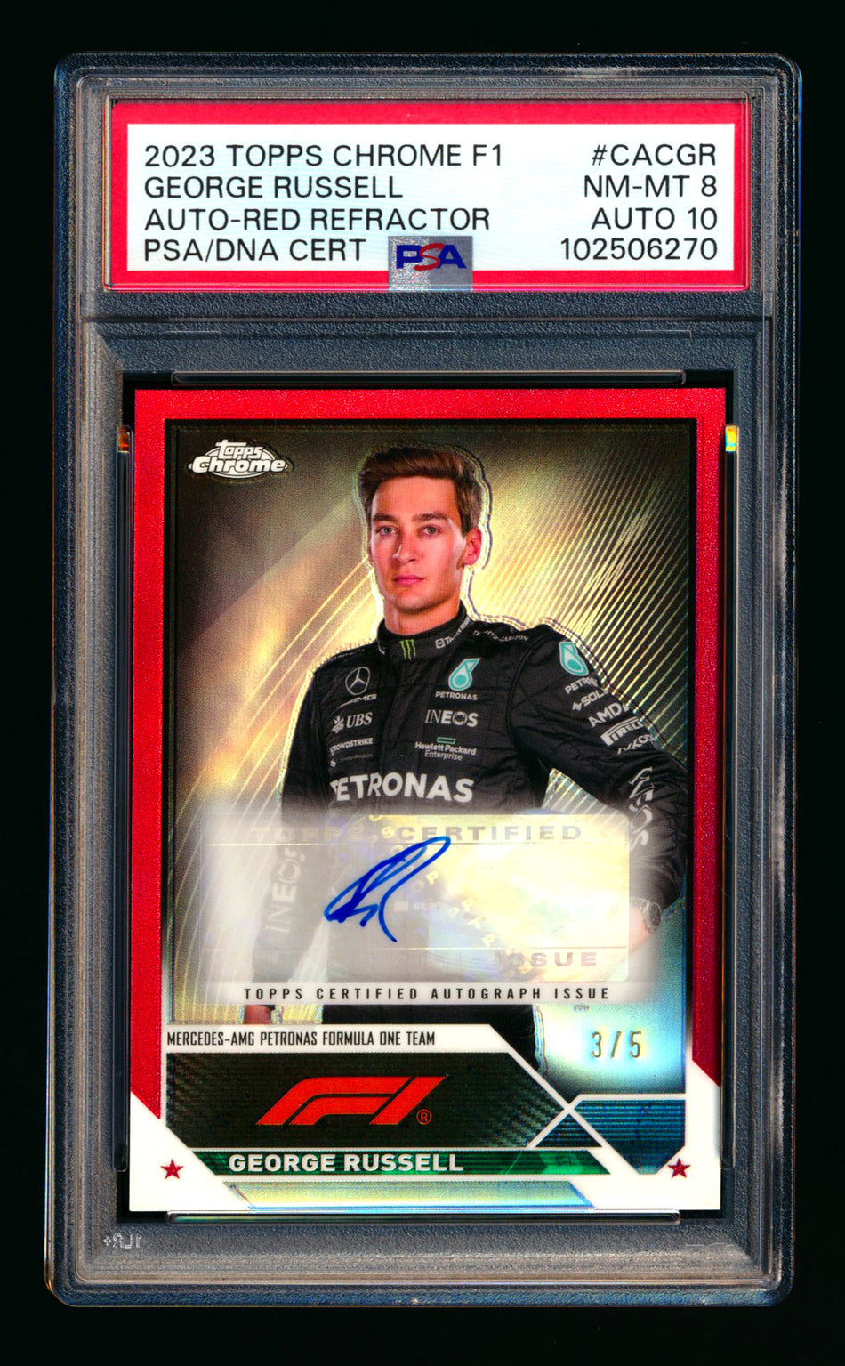 2023 Topps Chrome F1 #CAC-GR George Russell Red Refractor Autograph #3/5 PSA 8 DNA 10