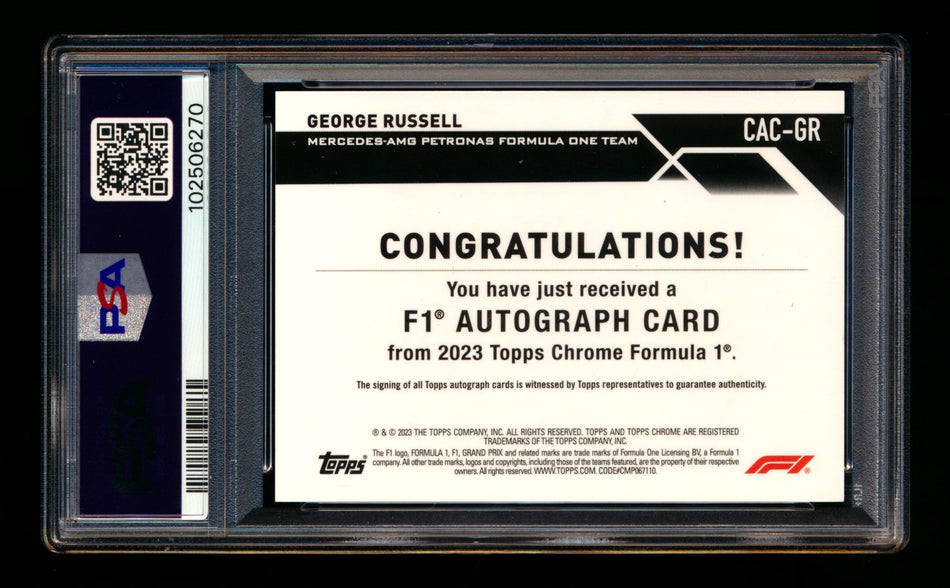 2023 Topps Chrome F1 #CAC-GR George Russell Red Refractor Autograph #3/5 PSA 8 DNA 10