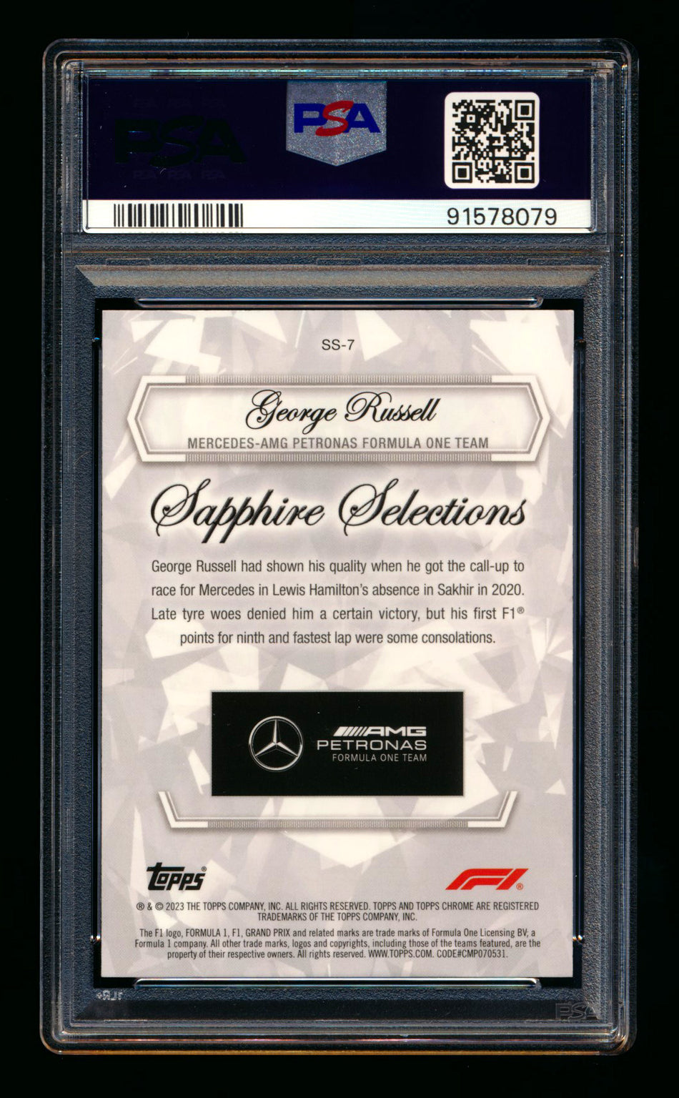 2023 Topps Chrome F1 Sapphire Selections #SS-7 George Russell Refractor PSA 10 ** (SOLD - $149.00 - 12/6/2024) **