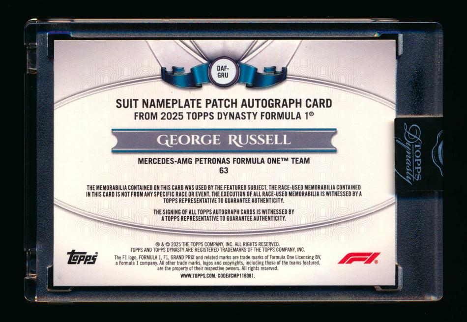 2025 Topps Dynasty F1 #DAF-GRU George Russell Nameplate Patch Autograph #2/2 ** (SOLD - $5,500.00 - 12/19/2025) **