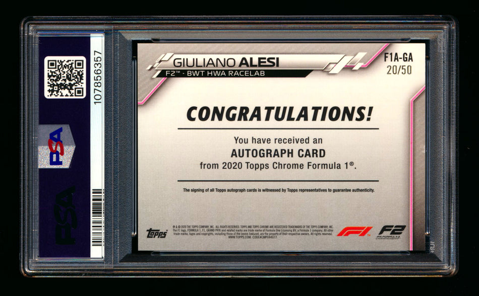 2020 Topps Chrome F1 #F1A-GA Giuliano Alesi RC Gold Wave Refractor Autograph #20/50 PSA 6 ** (SOLD - $39.00 - 11/1/2025) **