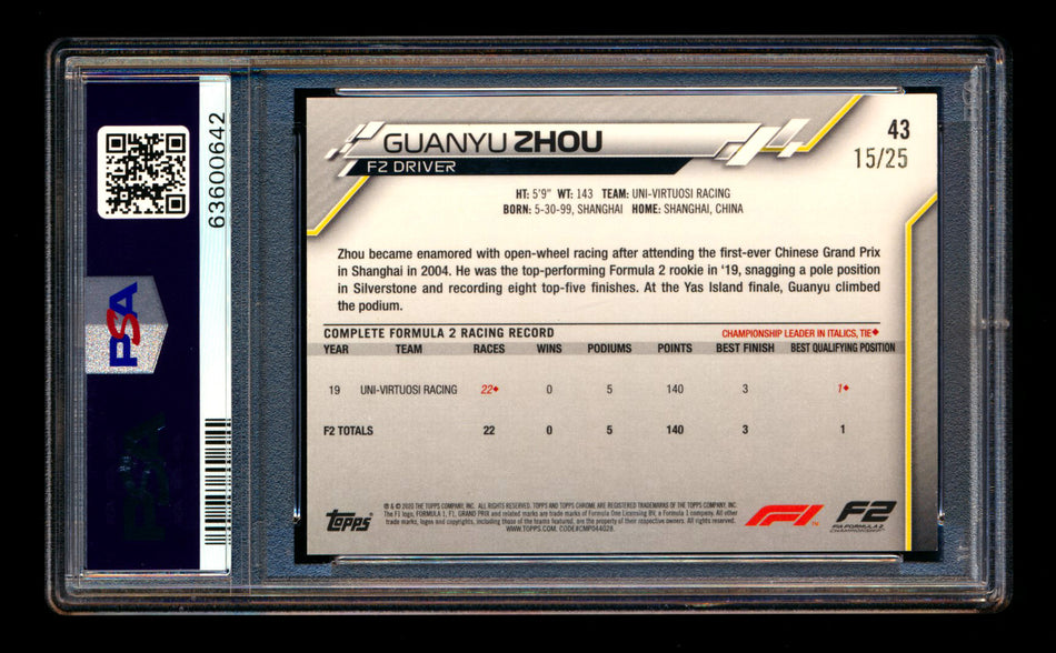 2020 Topps Chrome F1 #43 Guanyu Zhou RC Orange Wave Refractor #15/25 PSA 7