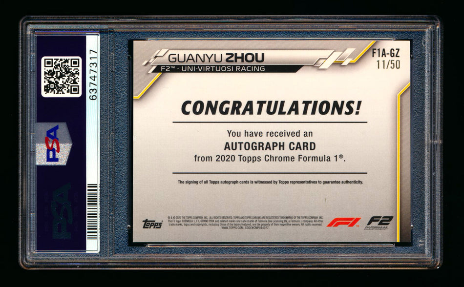 2020 Topps Chrome F1 #F1A-GZ Guanyu Zhou RC Gold Wave Refractor Autograph #11/50 PSA 7 DNA 10