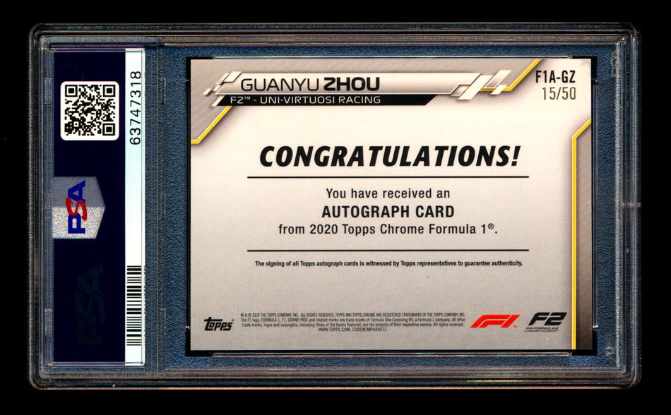2020 Topps Chrome F1 #F1A-GZ Guanyu Zhou RC Gold Wave Refractor Autograph #15/50 PSA 7 DNA 10 ** (SOLD - $350.00 - 1/2/2025) **