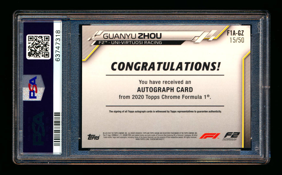 2020 Topps Chrome F1 #F1A-GZ Guanyu Zhou RC Gold Wave Refractor Autograph #15/50 PSA 7 DNA 10