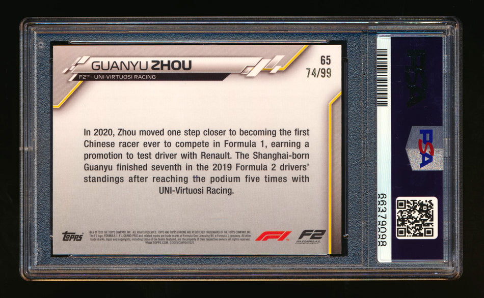 2020 Topps Chrome Sapphire F1 #65 Guanyu Zhou RC Aqua Refractor #74/99 PSA 7