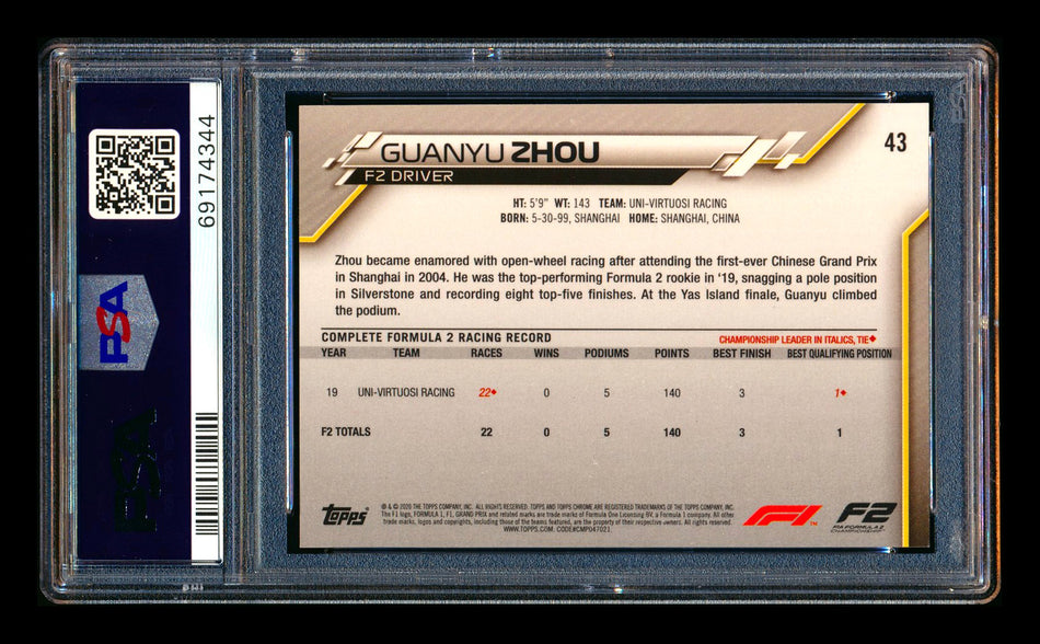 2020 Topps Chrome Sapphire F1 #43 Guanyu Zhou RC Refractor PSA 9