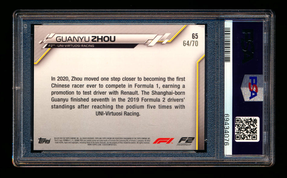 2020 Topps Chrome Sapphire F1 #65 Guanyu Zhou RC 70th Silver Refractor #64/70 PSA 9