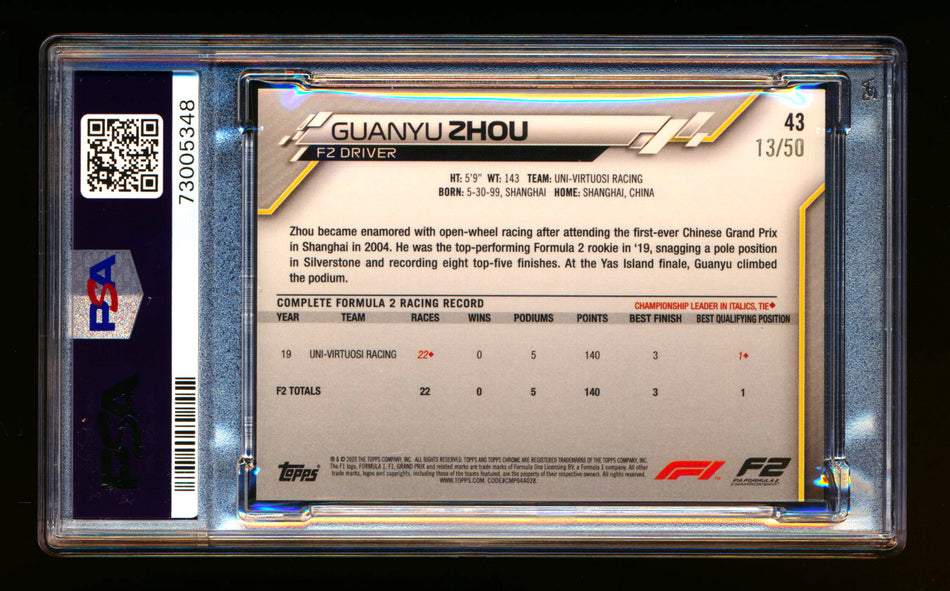 2020 Topps Chrome F1 #43 Guanyu Zhou RC Gold Refractor #13/50 PSA 7