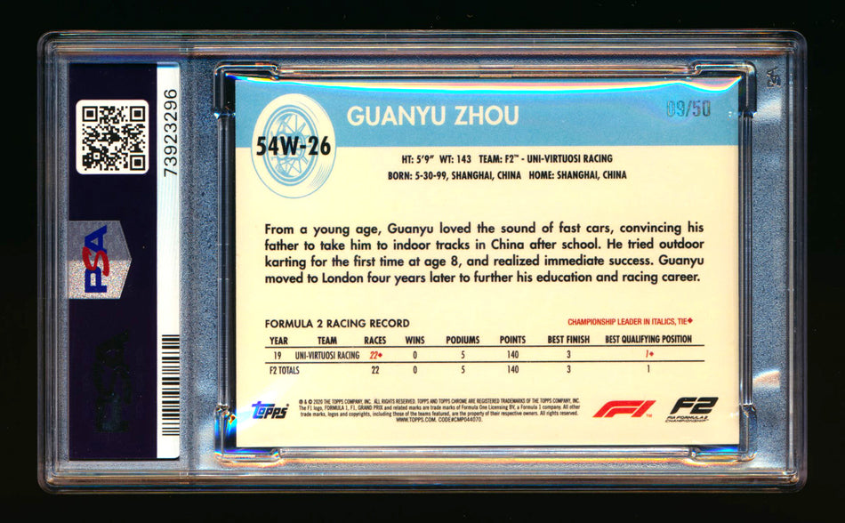 2020 Topps Chrome F1 1954 World on Wheels #54W-26 Guanyu Zhou RC Gold Refractor #09/50 PSA 8 ** (SOLD - $59.00 - 10/28/2024) **