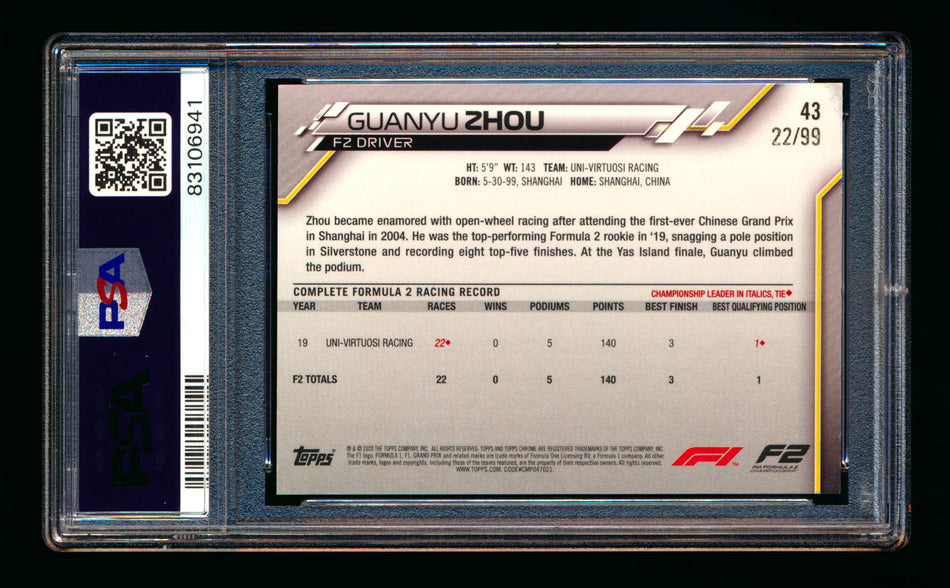 2020 Topps Chrome Sapphire F1 #43 Guanyu Zhou RC Aqua Refractor #22/99 PSA 10