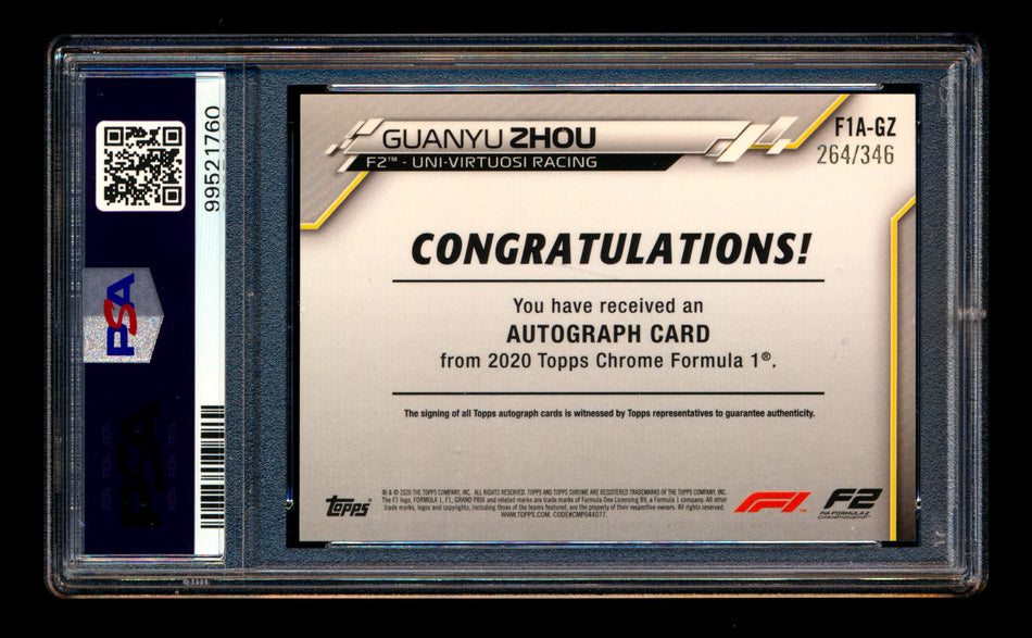 2020 Topps Chrome F1 #F1A-GZ Guanyu Zhou RC Refractor Autograph #264/346 PSA 8 DNA 8