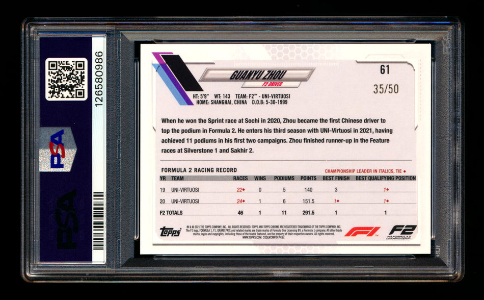 2021 Topps Chrome F1 #61 Guanyu Zhou RC Gold Refractor Portrait #35/50 PSA 10