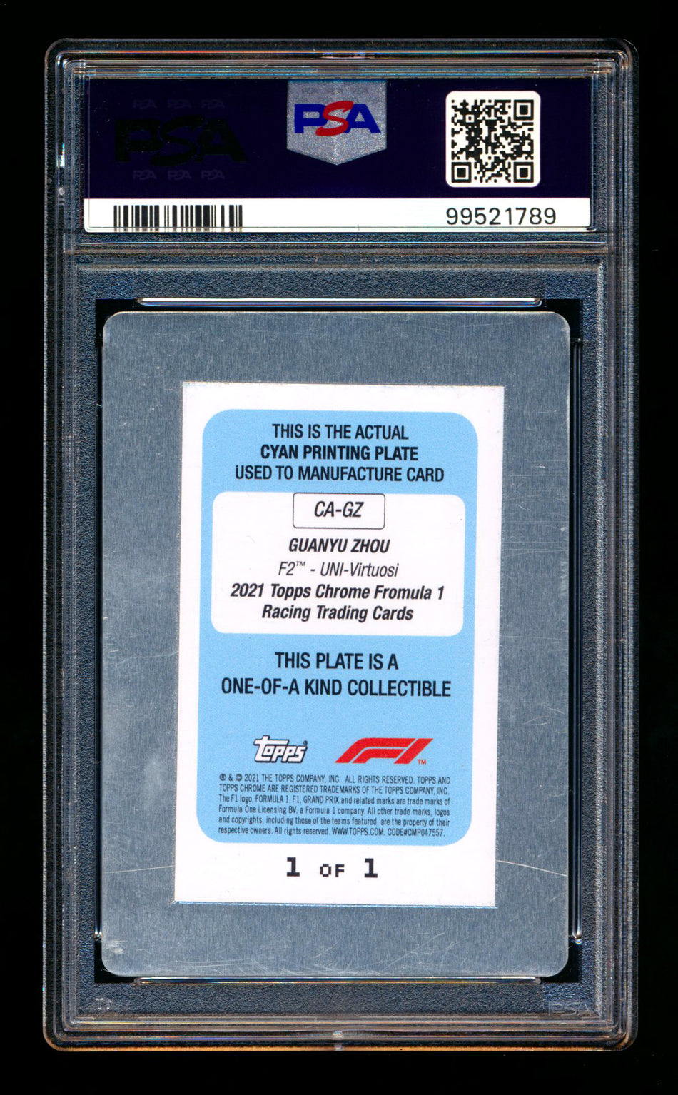2021 Topps Chrome F1 #CA-GZ Guanyu Zhou RC Cyan Printing Plate Autograph #1/1 PSA Authentic DNA 10