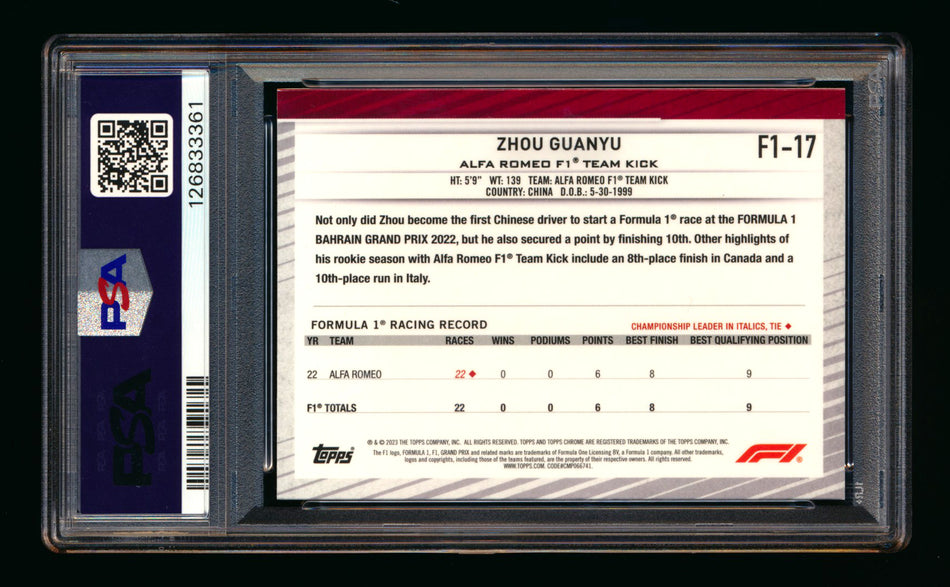 2023 Topps Chrome NSCC F1 #F1-17 Guanyu Zhou Refractor PSA 9 ** (SOLD - $125.00 - 1/13/2026) **
