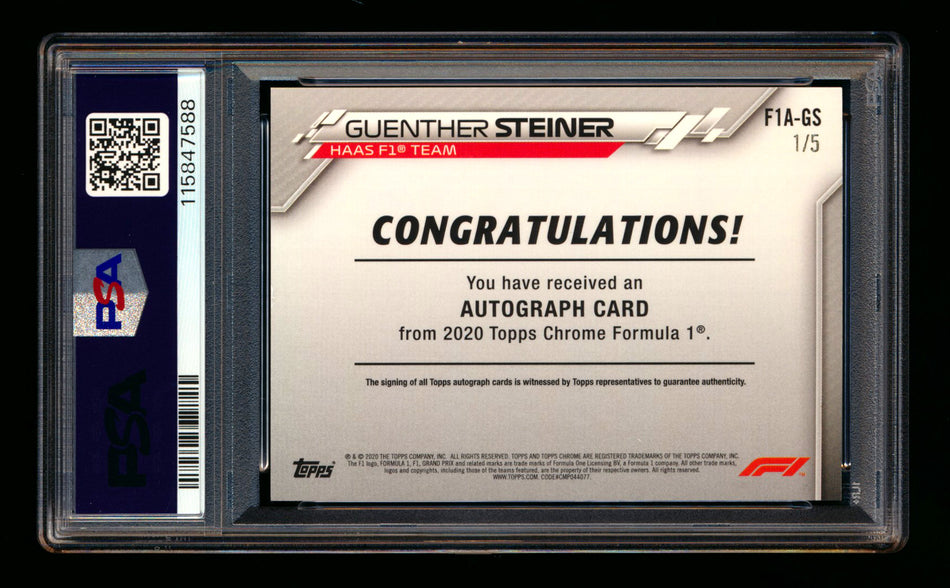 2020 Topps Chrome F1 #F1A-GS Guenther Steiner RC Red Refractor Autograph #1/5 PSA 8 DNA 10 (First #!) ** (SOLD - $2,250.00 - 11/19/2025) **