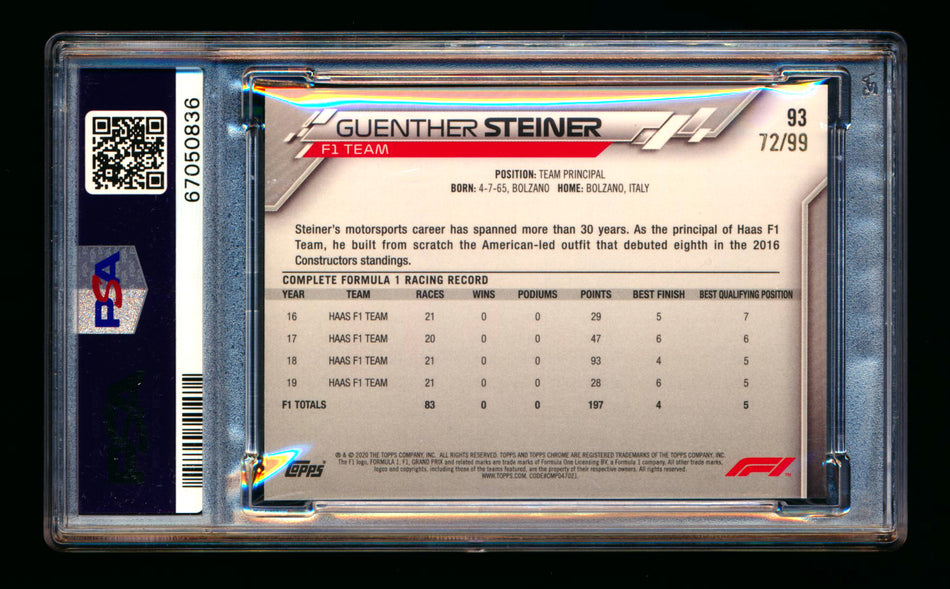 2020 Topps Chrome Sapphire F1 #93 Guenther Steiner RC Aqua Refractor #72/99 PSA 10