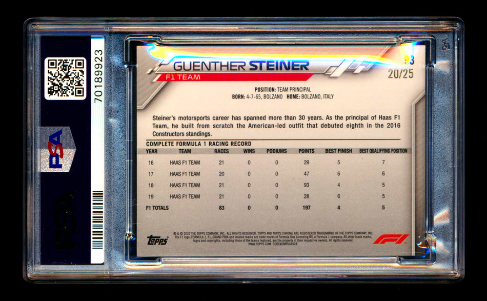 2020 Topps Chrome F1 #93 Guenther Steiner RC Orange Refractor #20/25 PSA 8