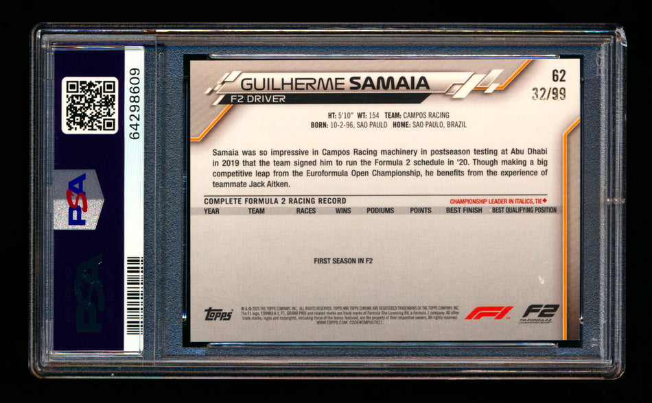 2020 Topps Chrome Sapphire F1 #62 Guilherme Samaia RC Aqua Refractor #32/99 PSA 9