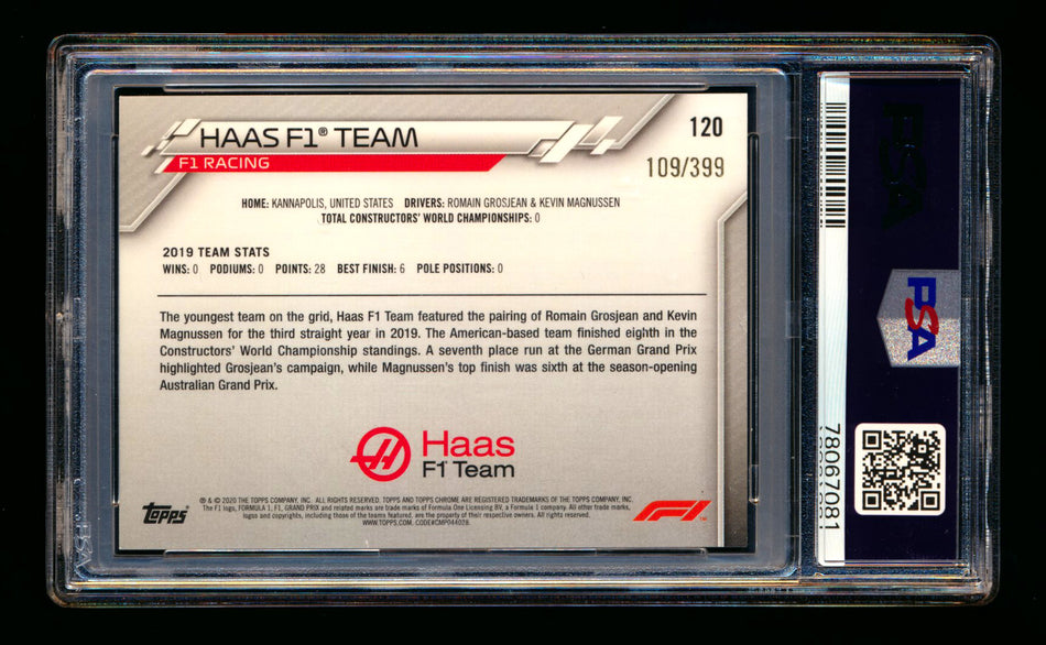 2020 Topps Chrome F1 #120 Haas Team Logo RC Purple Refractor #109/399 PSA 8 ** (SOLD - $25.00 - 12/19/2024) **