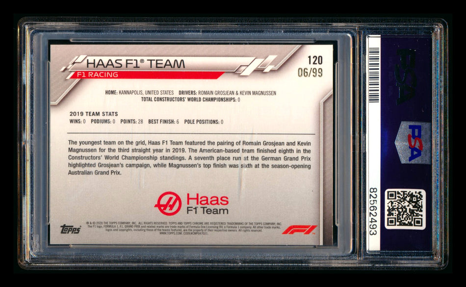 2020 Topps Chrome Sapphire F1 #120 Haas Team Logo RC Aqua Refractor #06/99 PSA 9