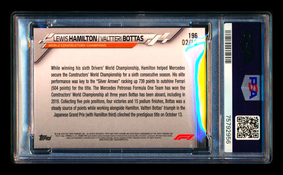 2020 Topps Chrome Sapphire F1 #196 Lewis Hamilton/Valtteri Bottas RC Purple Refractor #02/10 PSA 9