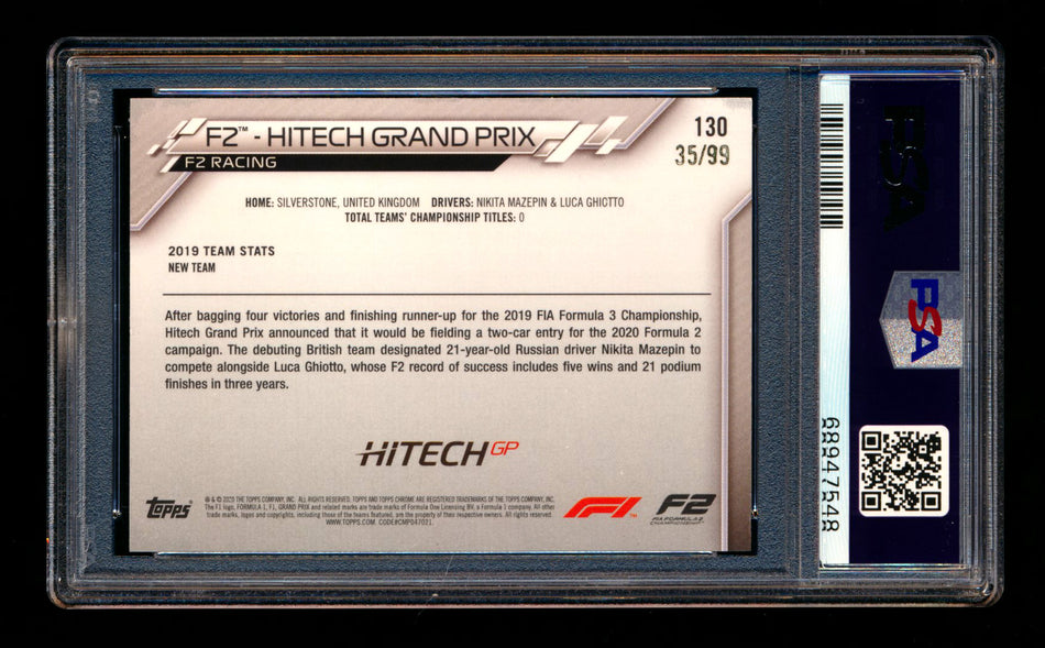 2020 Topps Chrome Sapphire F1 #130 HiTech Grand Prix Team Logo RC Aqua Refractor #35/99 PSA 9