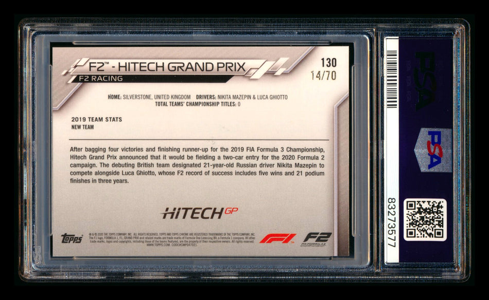 2020 Topps Chrome Sapphire F1 #130 HiTech Grand Prix Team Logo RC 70th Anniversary Silver Refractor #14/70 PSA 7 ** (SOLD eBay - $35.00 - 7/11/2026) **