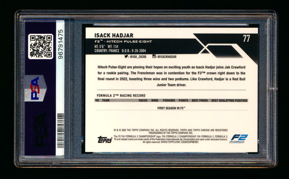 2023 Topps Chrome Sapphire F1 #77 Isack Hadjar RC Red Refractor #2/5 PSA 10 - POP 1! ** (SOLD - $1000.00 - 1/13/2025) **