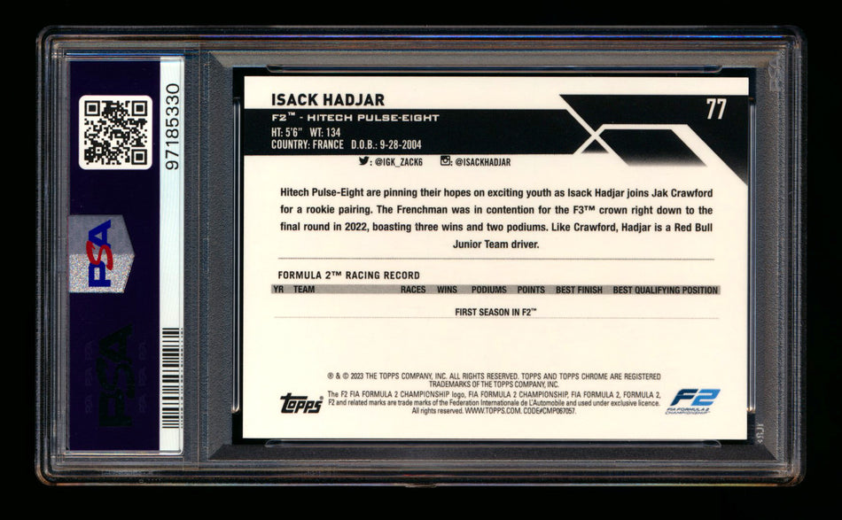 2023 Topps Chrome F1 #77 Isack Hadjar RC Red Checker Flag Refractor #1/5 PSA 9 (First #!)