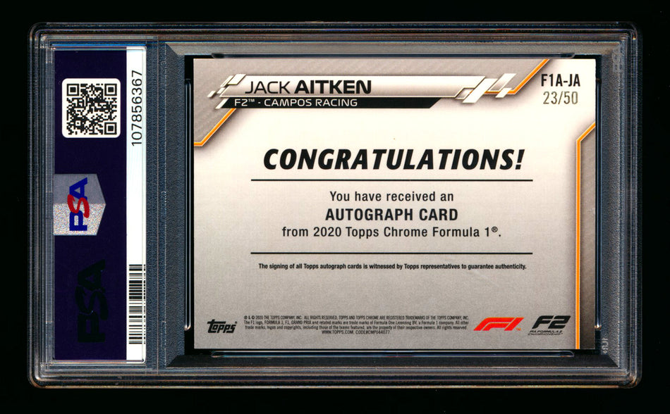 2020 Topps Chrome F1 #F1A-JA Jack Aitken RC Gold Wave Refractor Autograph #23/50 PSA 8 ** (SOLD - $59.00 - 11/1/2025) **