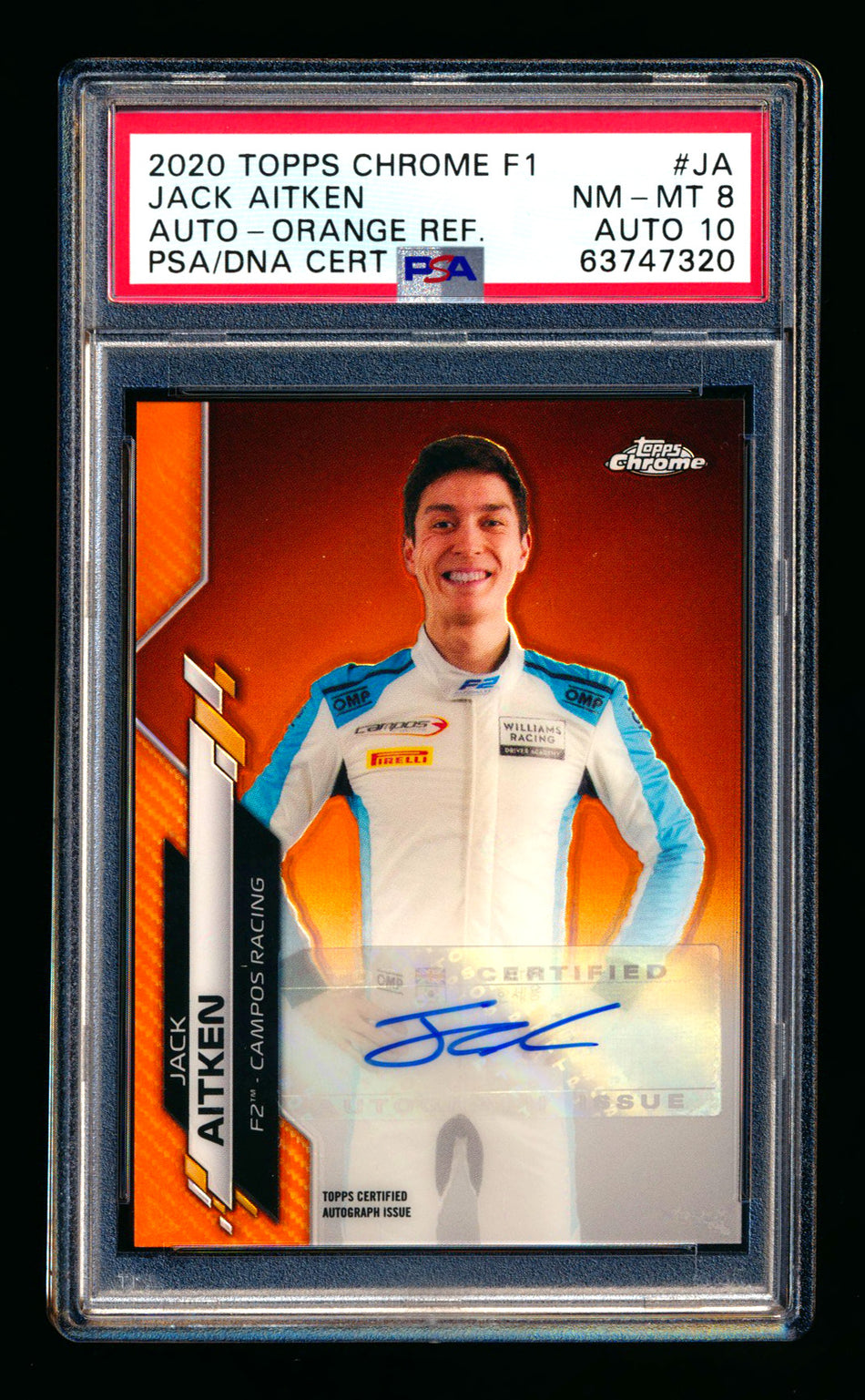 2020 Topps Chrome F1 #F1A-JA Jack Aitken RC Orange Refractor Autograph #02/25 PSA 8 DNA 10