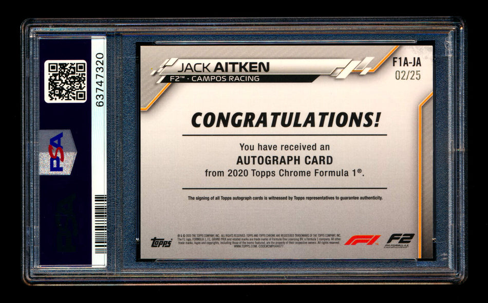 2020 Topps Chrome F1 #F1A-JA Jack Aitken RC Orange Refractor Autograph #02/25 PSA 8 DNA 10