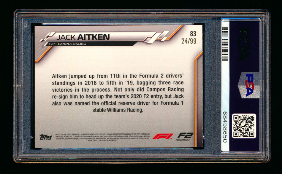 2020 Topps Chrome Sapphire F1 #83 Jack Aitken RC Aqua Refractor #24/99 PSA 8