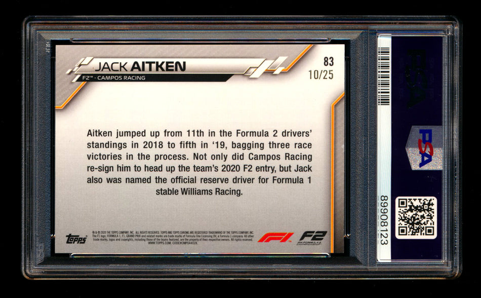 2020 Topps Chrome F1 #83 Jack Aitken RC Orange Refractor #10/25 PSA 8 ** (SOLD eBay - $55.00 - 9/26/2025) **