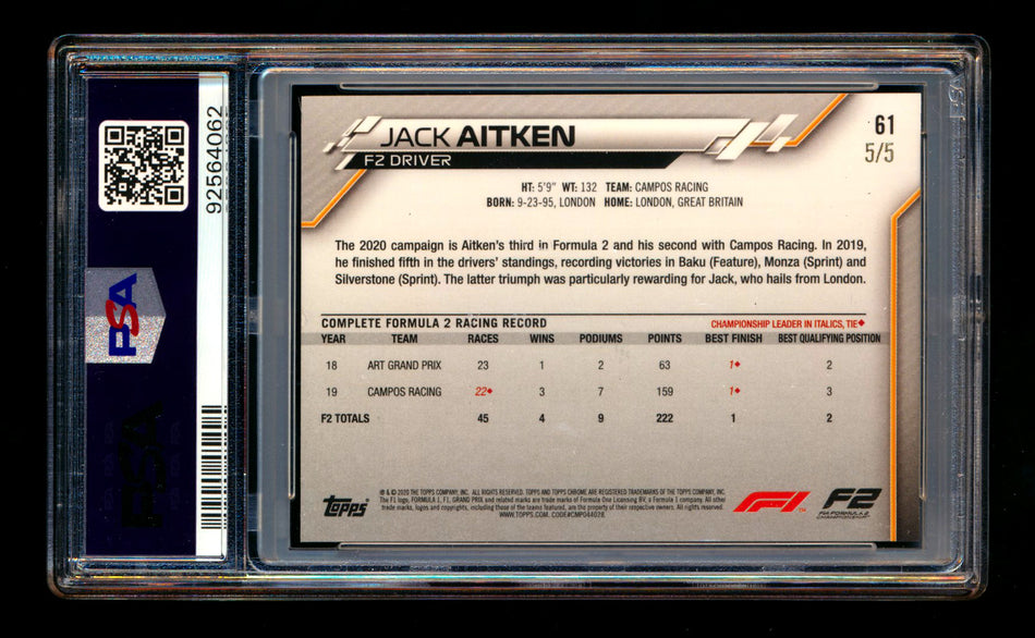 2020 Topps Chrome F1 #61 Jack Aitken RC Red Wave Refractor #5/5 PSA 8 (Last Number!)