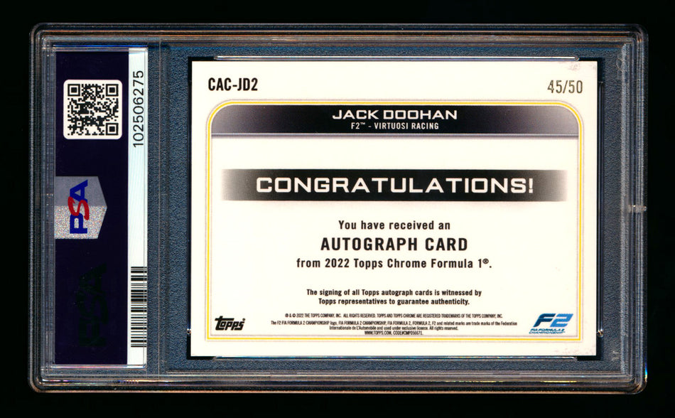 2022 Topps Chrome F1 #CAC-JD2 Jack Doohan RC Gold Wave Refractor Autograph #45/50 PSA 10 DNA 10