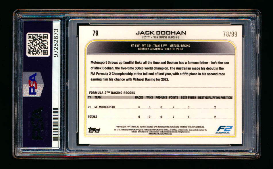 2022 Topps Chrome F1 #79 Jack Doohan RC Green Raywave Refractor #78/99 PSA 10