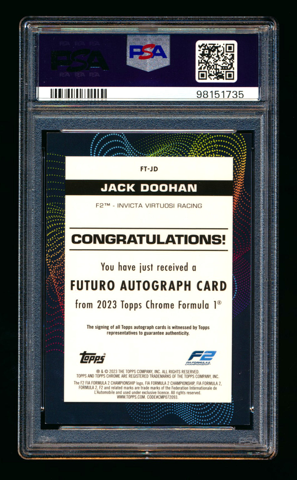 2023 Topps Chrome F1 Futuro #FT-JD Jack Doohan RC Refractor Autograph #44/50 PSA 9 DNA 10