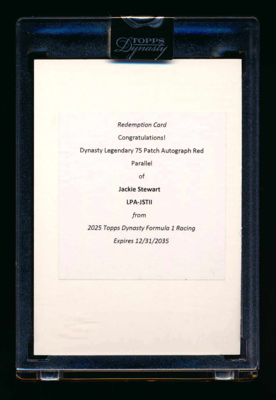 2025 Topps Dynasty F1 #LPA-JSTII Jackie Stewart 1ST Year Red Patch Autograph Redemption /5