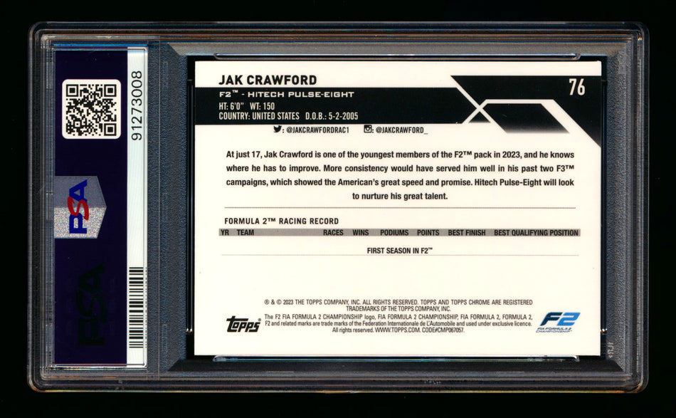 2023 Topps Chrome F1 #76 Jak Crawford RC Gold Refractor #48/50 PSA 9