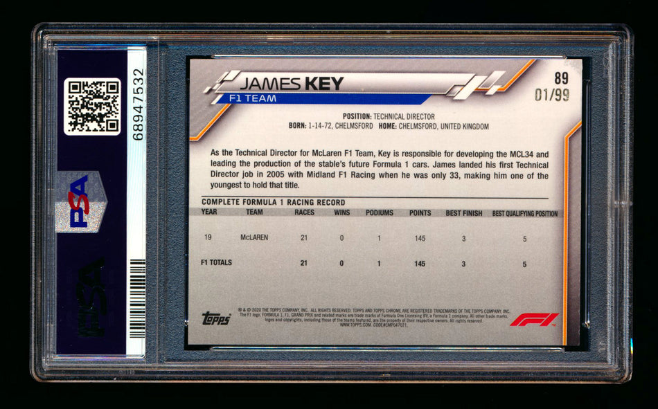 2020 Topps Chrome Sapphire F1 #89 James Key RC Aqua Refractor #01/99 PSA 9 (First #!)